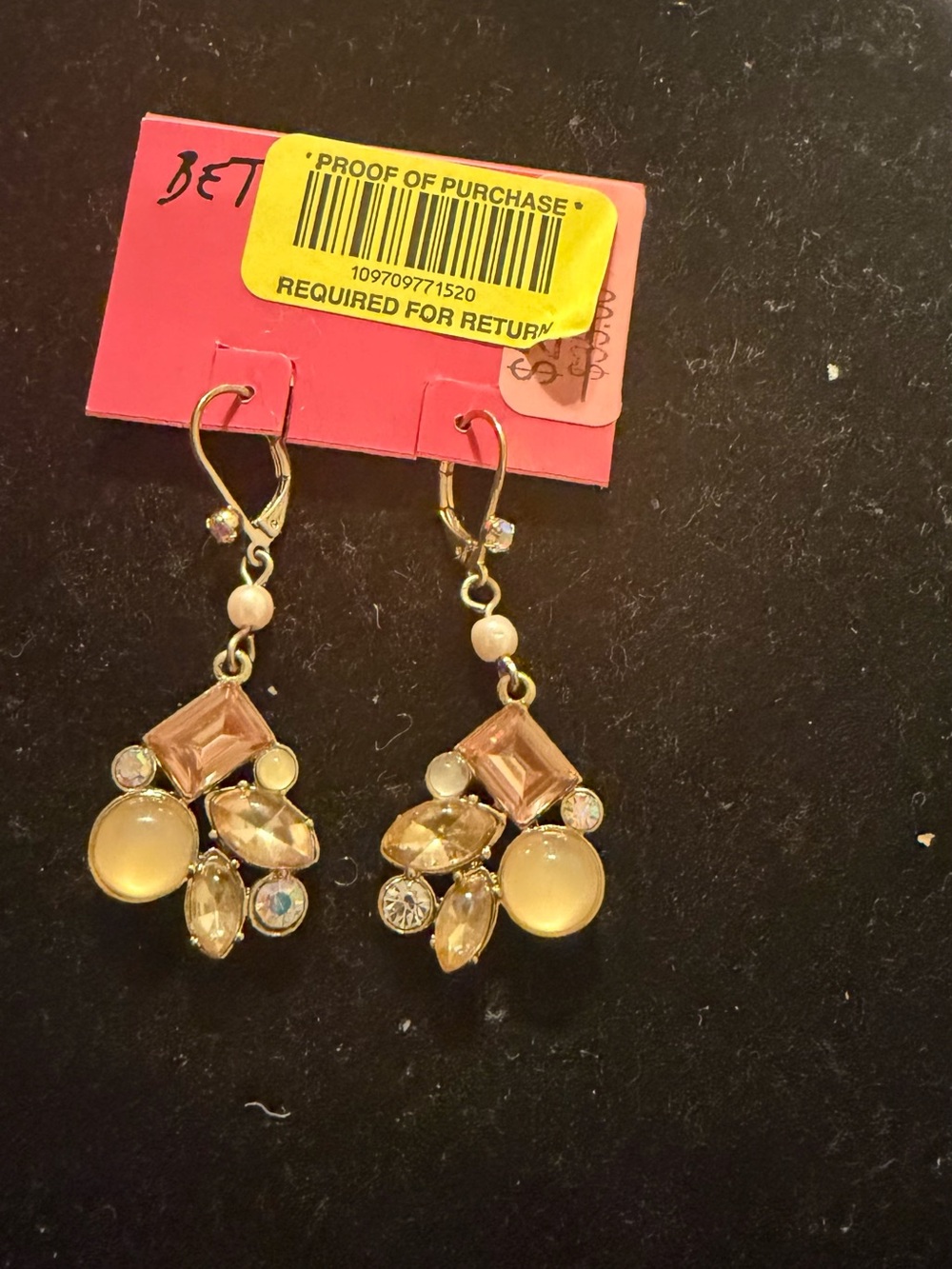 Betsey Johnson Pink and Gold Cluster Drop Earrings